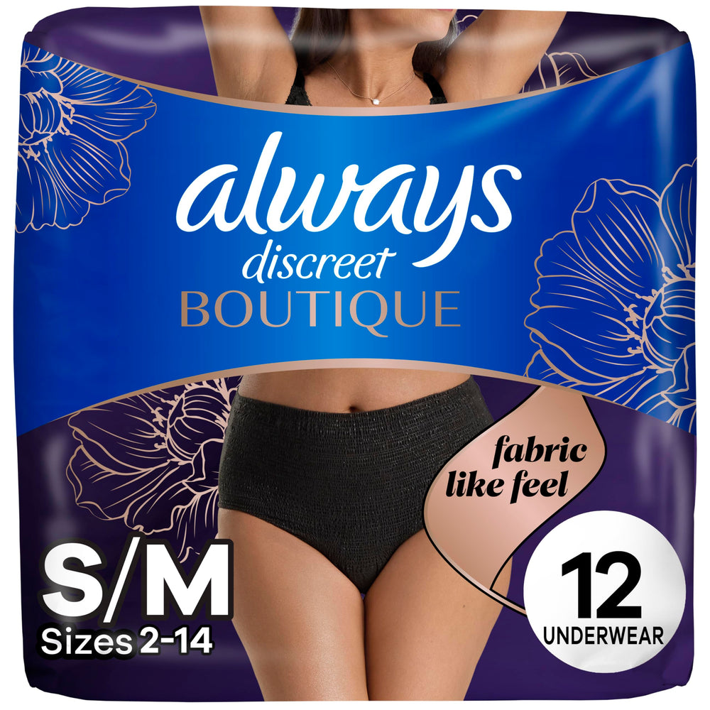 Always Discreet Boutique black pull-on underwear with sleek look and comfortable fit