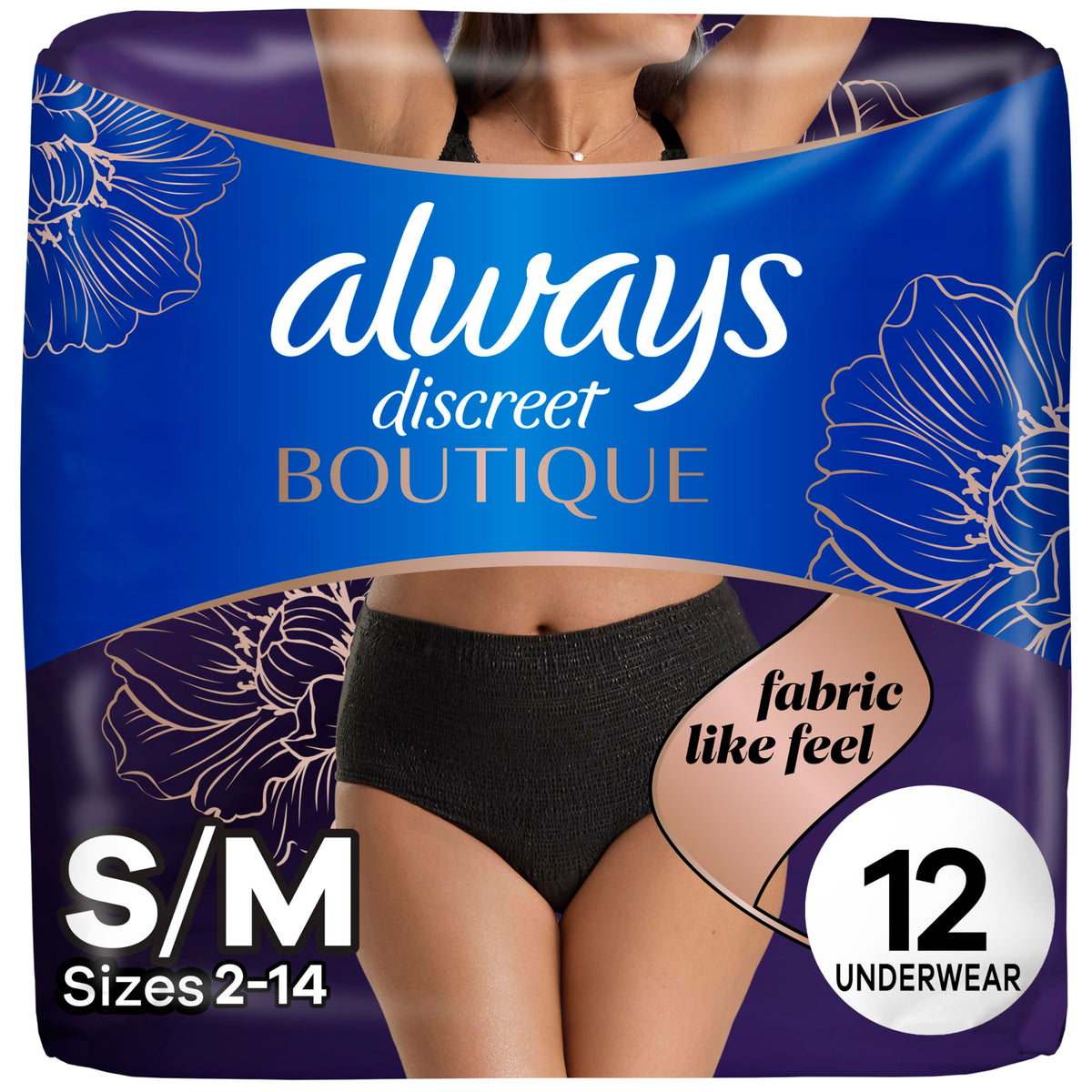 Always Discreet Boutique black pull-on underwear with sleek look and comfortable fit