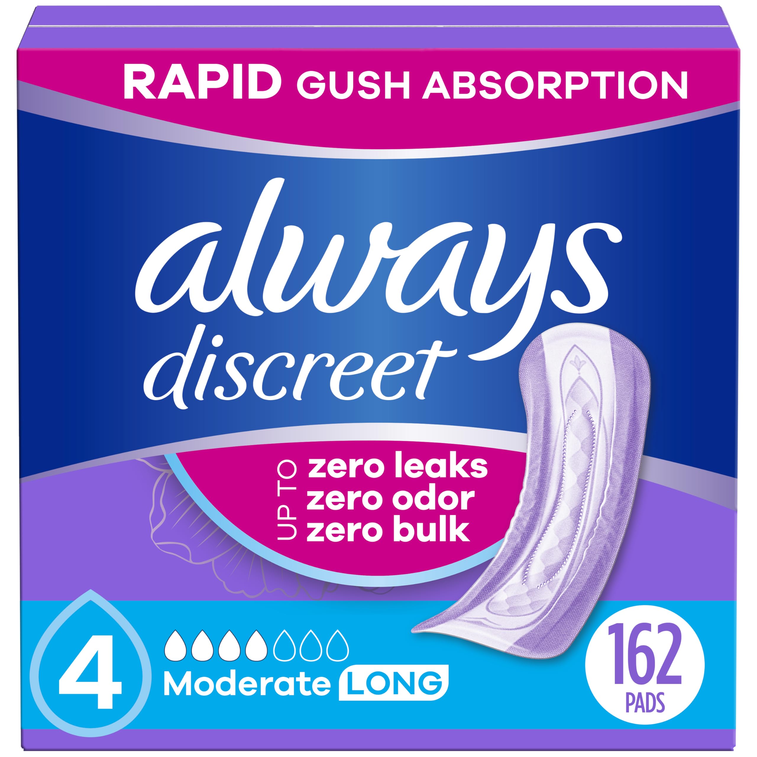 Always Discreet bulk-pack pads provide reliable protection for busy days in a discreet, comfortable profile.