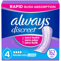 Always Discreet bulk-pack pads provide reliable protection for busy days in a discreet, comfortable profile.