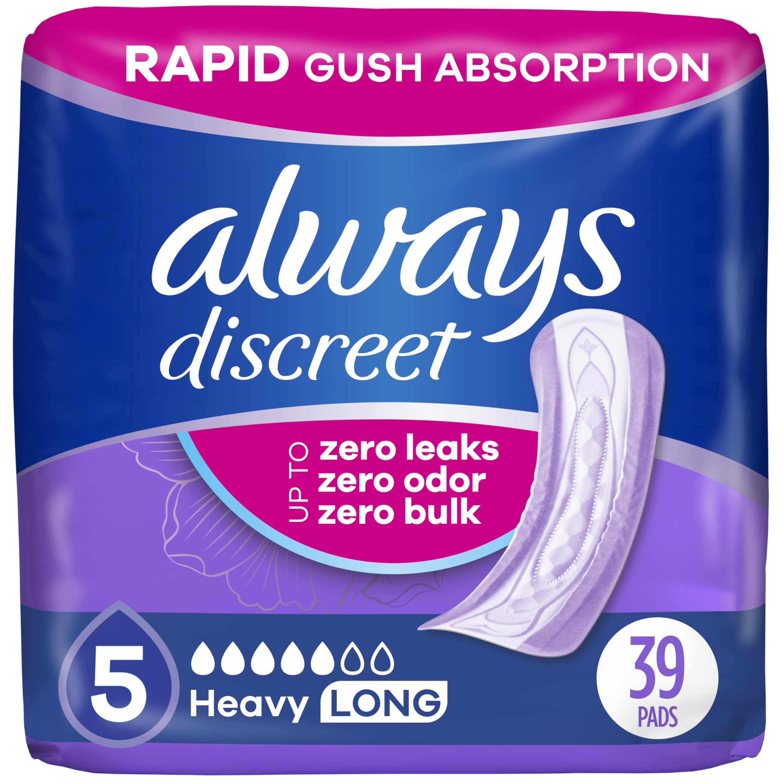Always Discreet heavy absorbency pad shown for daily bladder protection and comfort