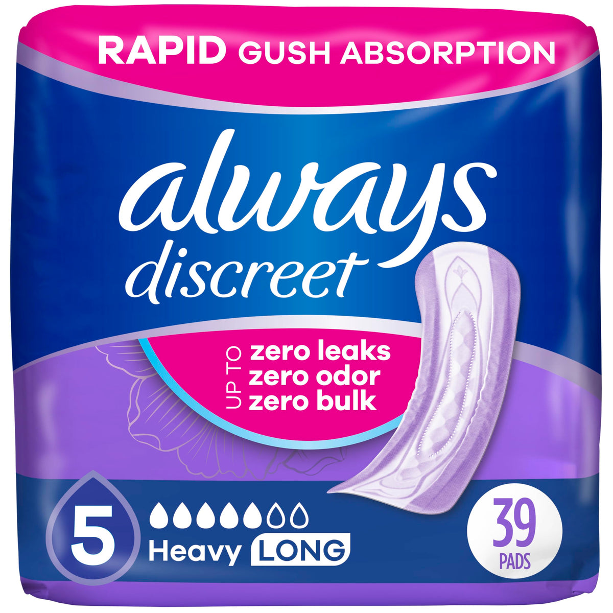 Always Discreet heavy absorbency pad shown for daily bladder protection and comfort