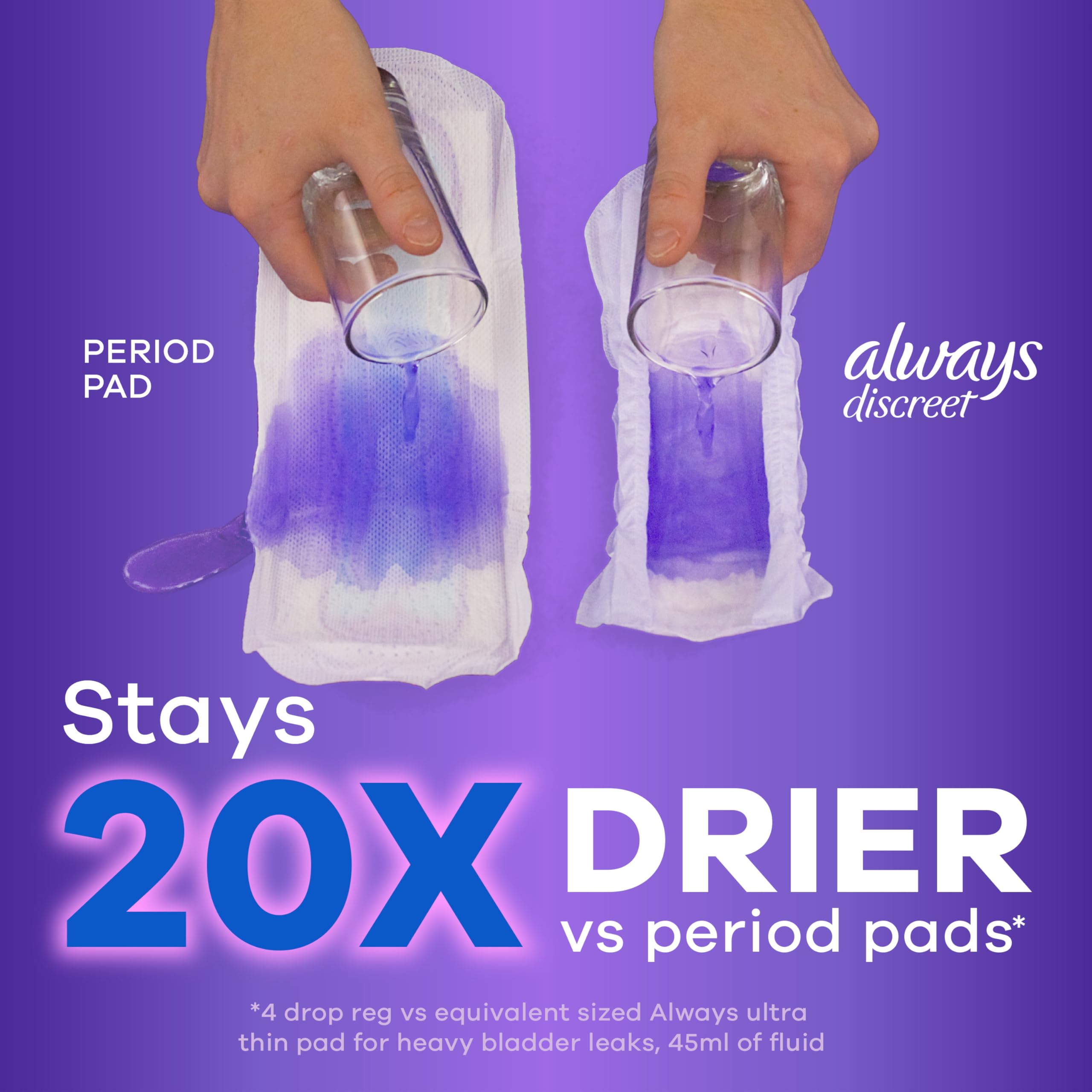 Always Discreet long length pads offer secure protection during extended wear.