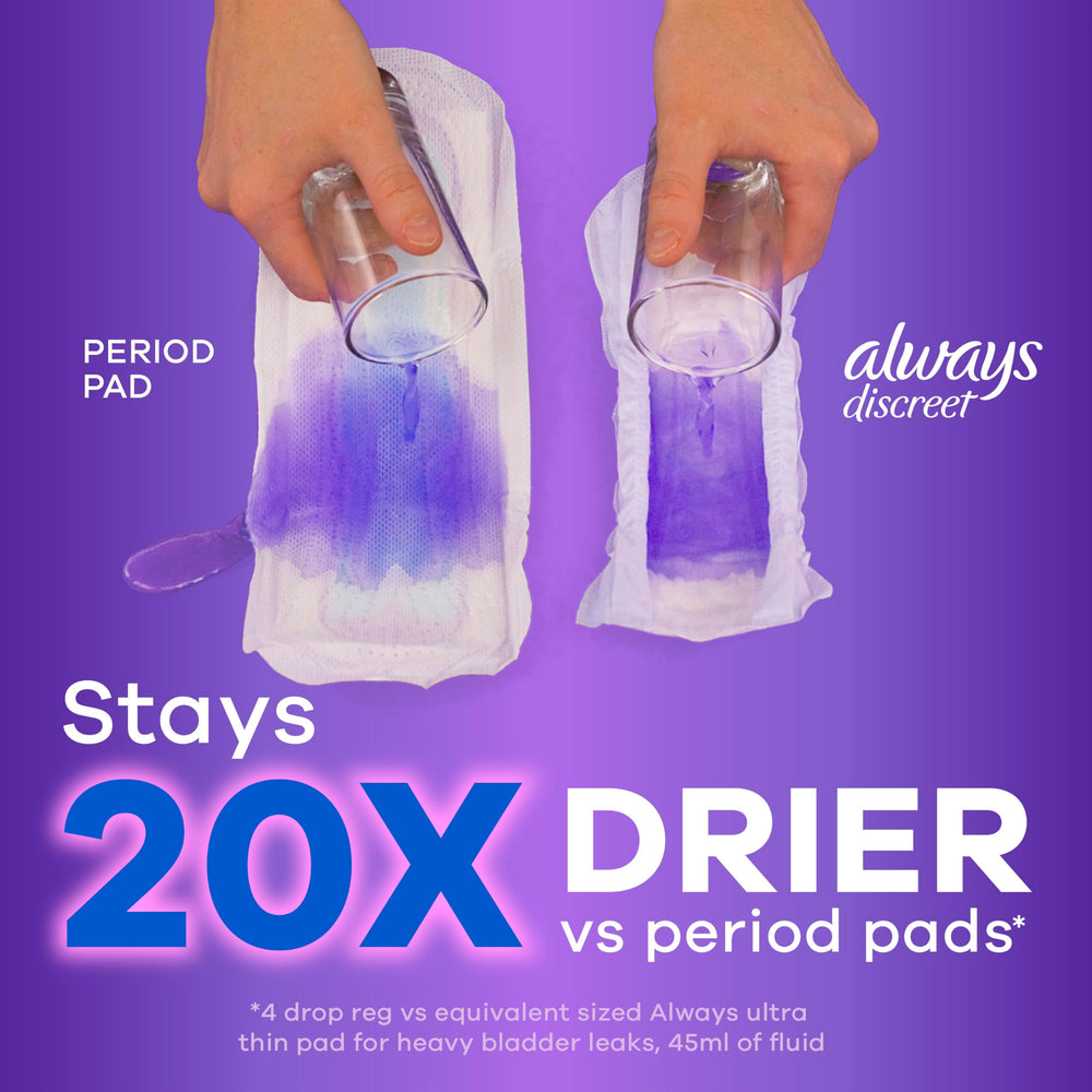 Always Discreet long length pads offer secure protection during extended wear.