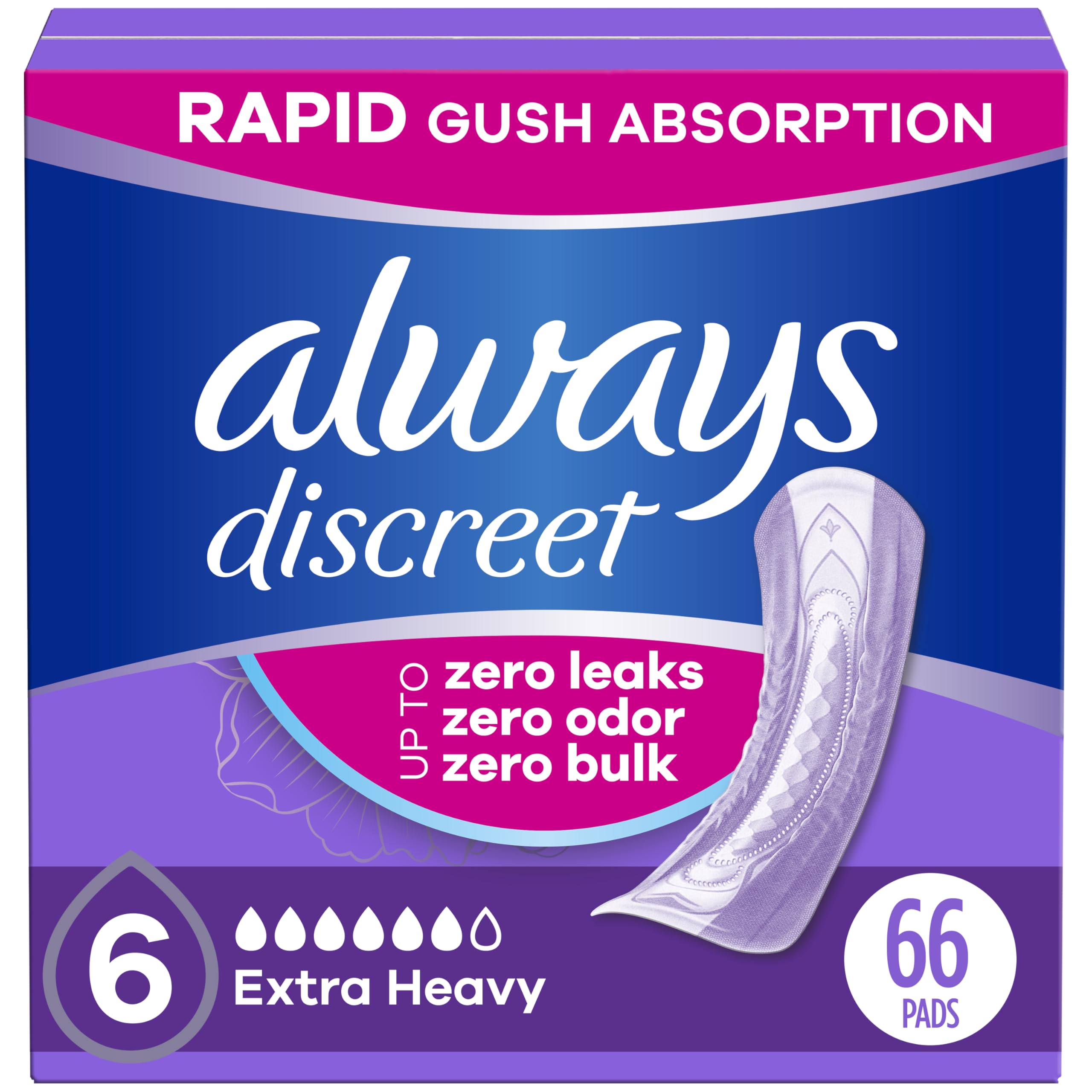 Always Discreet 66-count box shown for reliable bladder leak protection all day