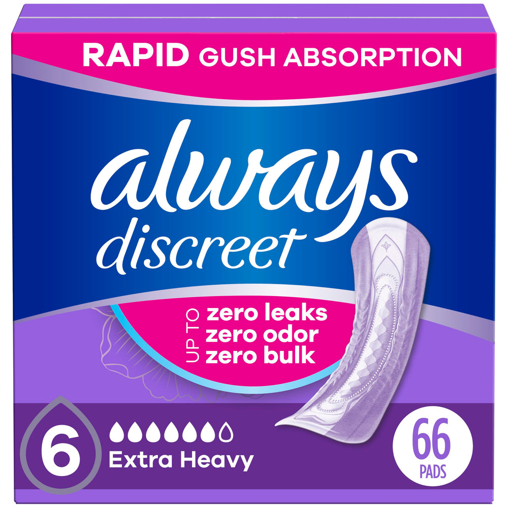 Always Discreet 66-count box shown for reliable bladder leak protection all day