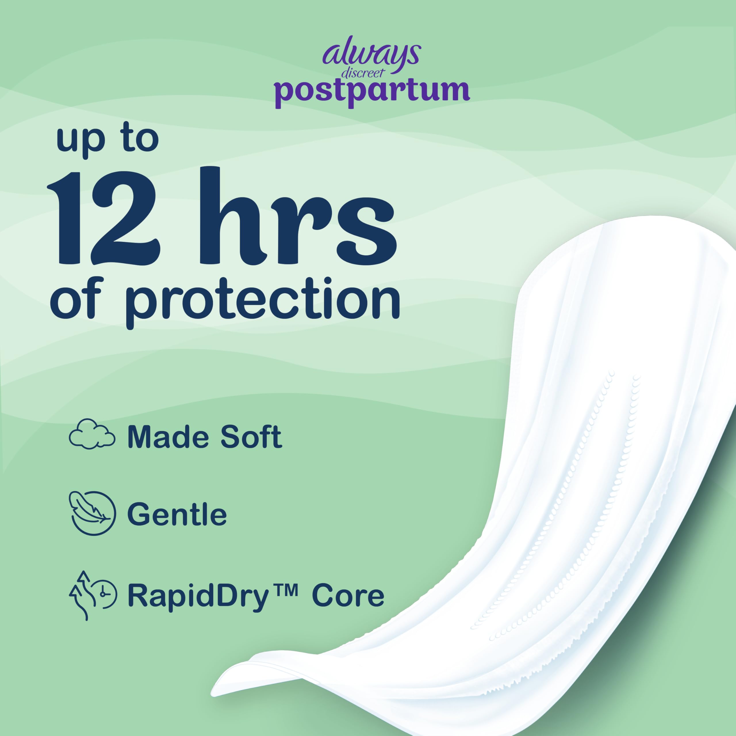 Always Discreet postpartum pad close-up shows thin, discreet design