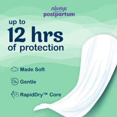 Always Discreet postpartum pad close-up shows thin, discreet design