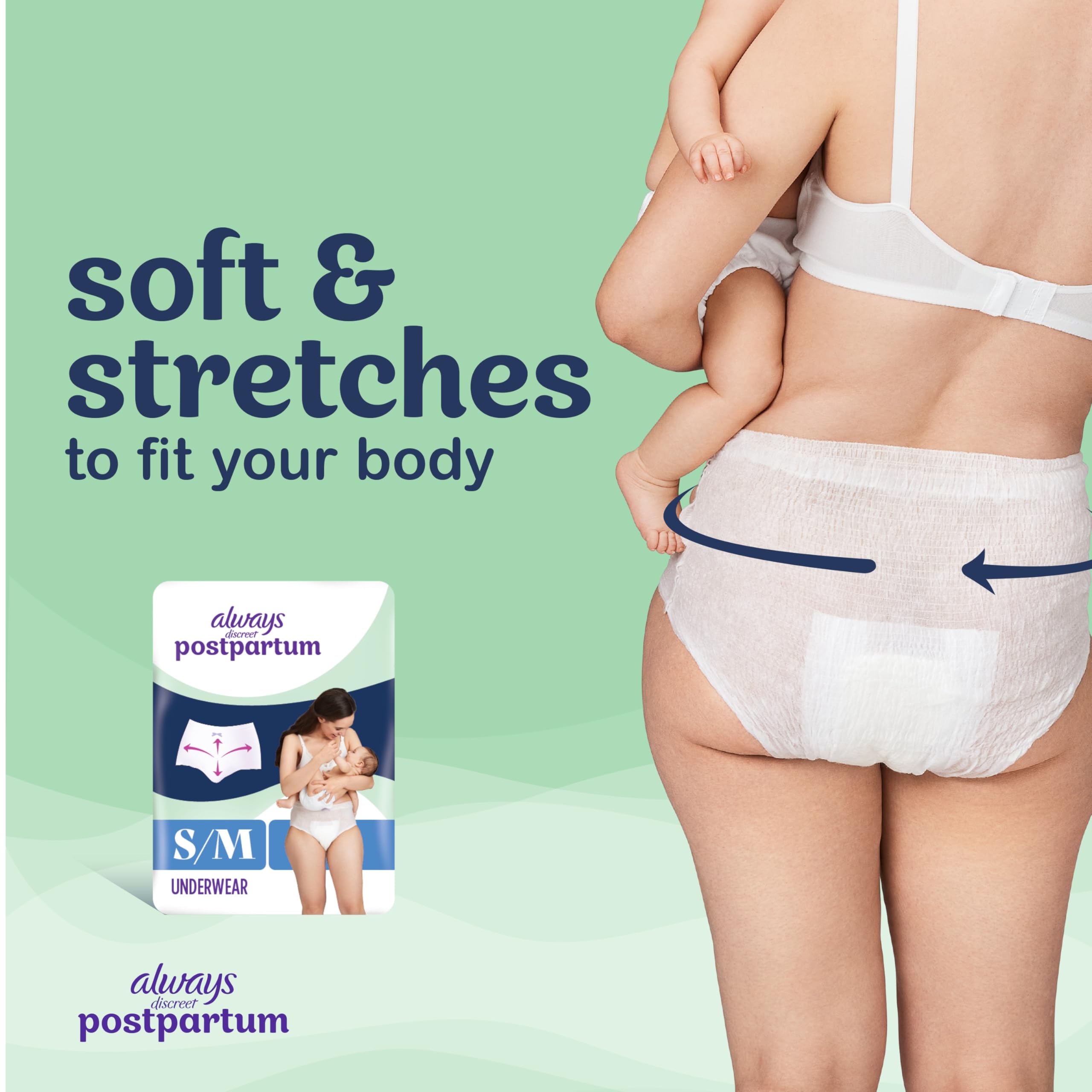 Always Discreet postpartum underwear featuring 360 FormFit for a smooth silhouette