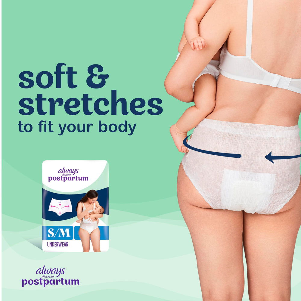Always Discreet postpartum underwear featuring 360 FormFit for a smooth silhouette