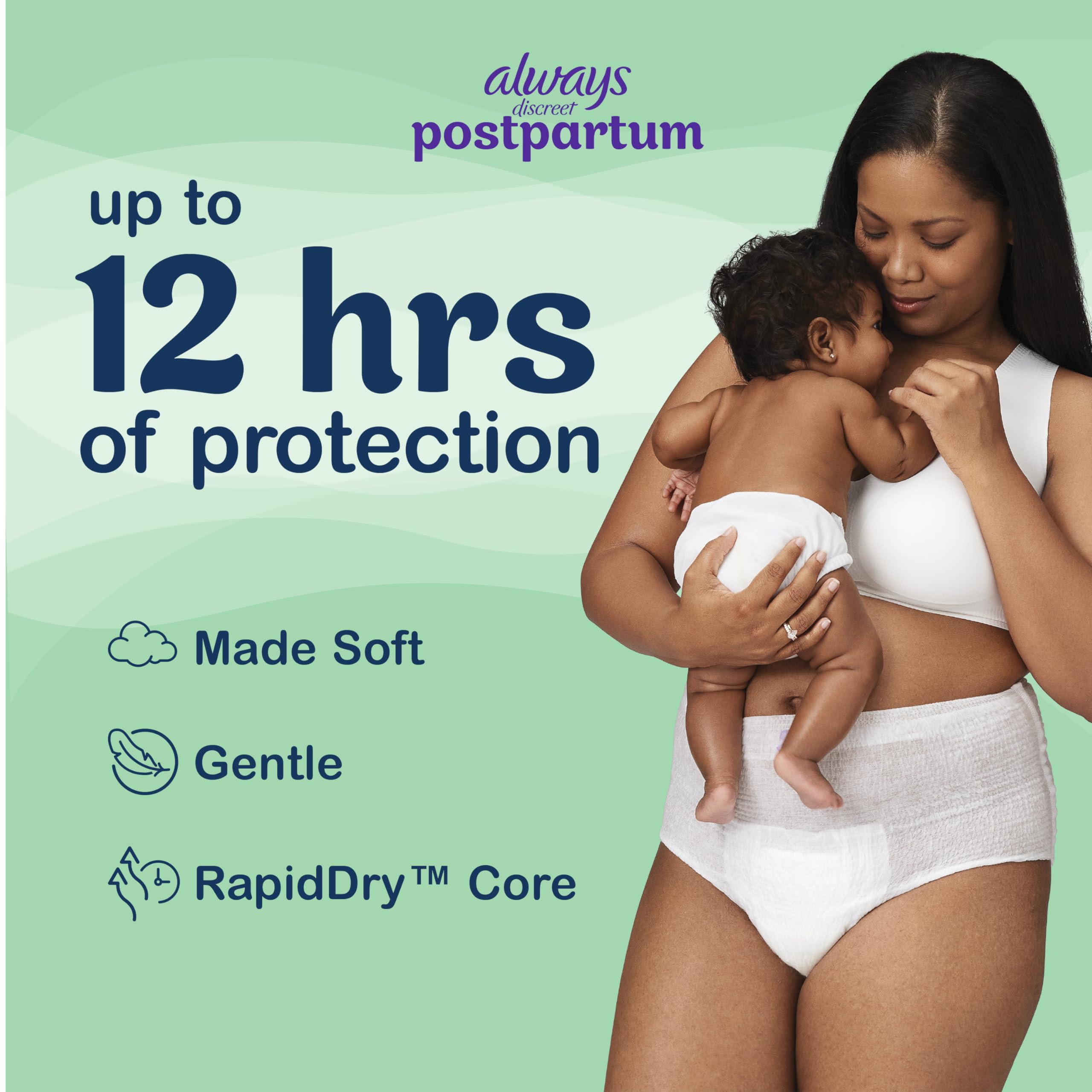 Always Discreet postpartum underwear with rapiddry core absorbs leaks quickly