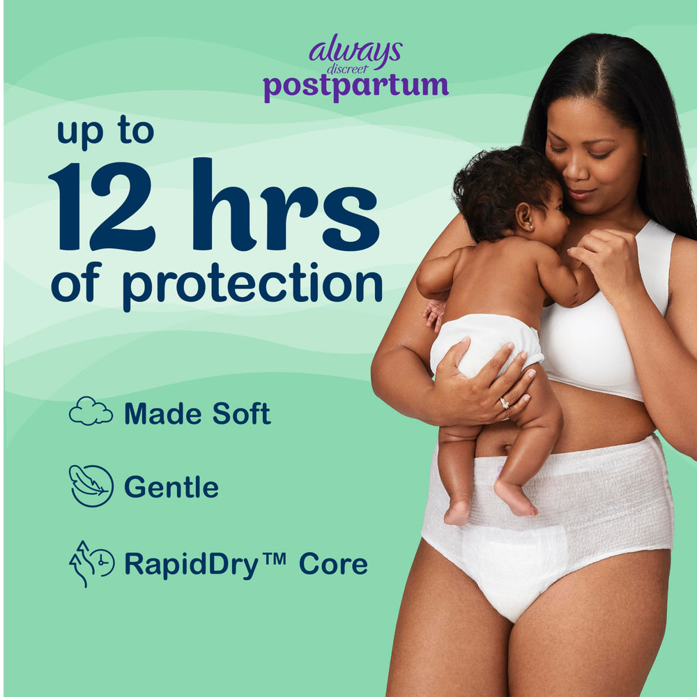 Always Discreet postpartum underwear with rapiddry core absorbs leaks quickly