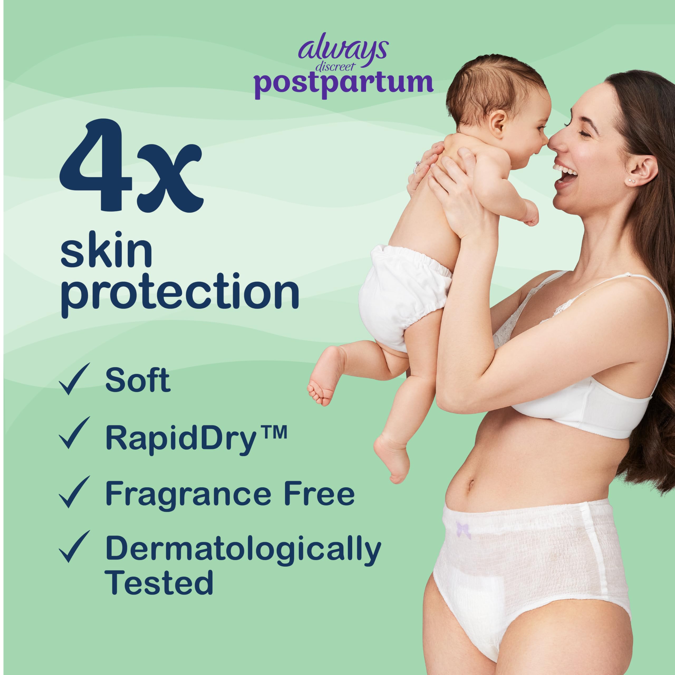 Always Discreet postpartum underwear fits sizes 2 to 26W for most figures