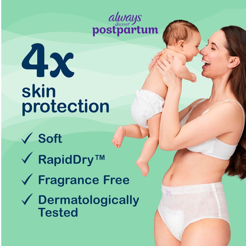 Always Discreet postpartum underwear fits sizes 2 to 26W for most figures