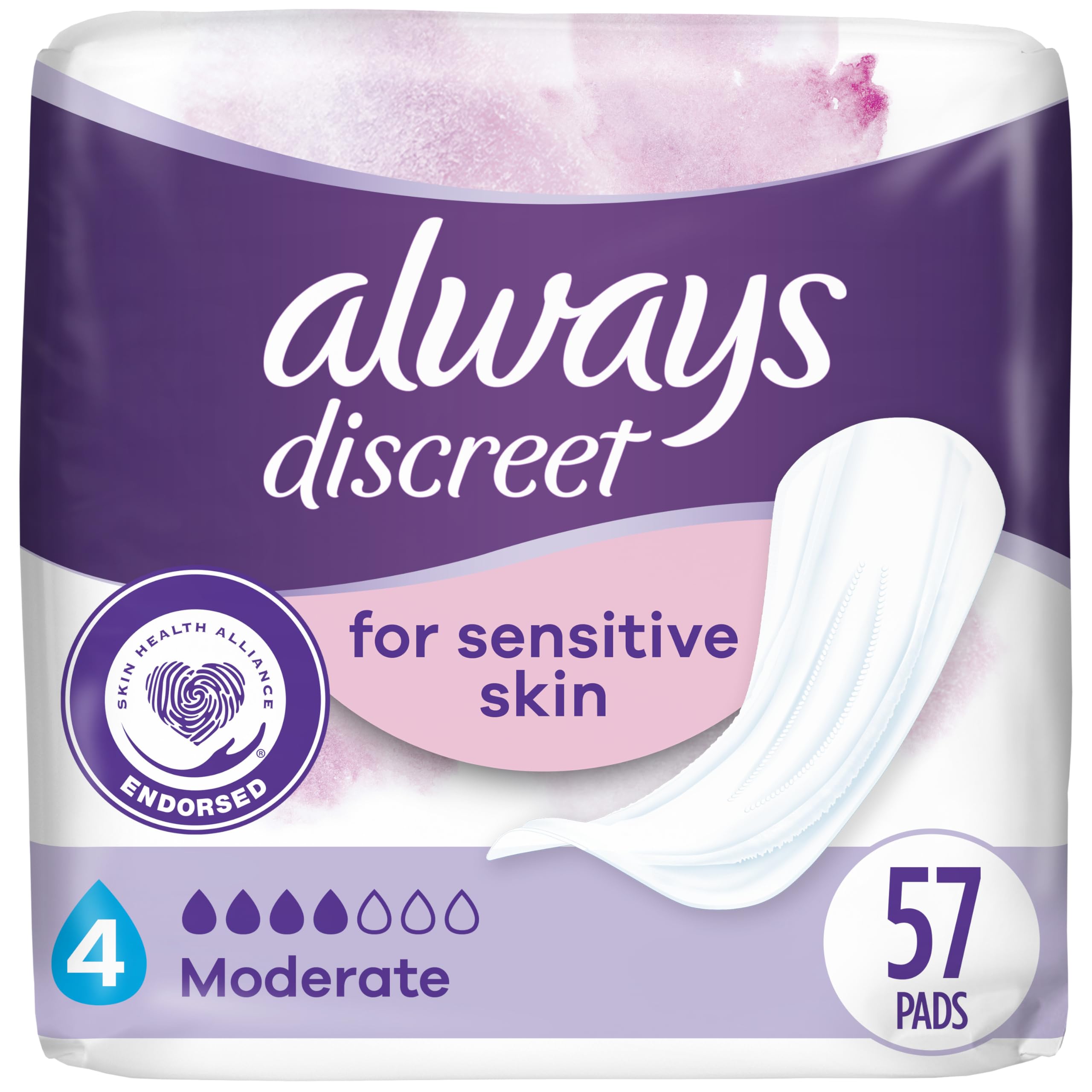 Always Discreet Sensitive Pads with soft-cover design offering gentle protection.