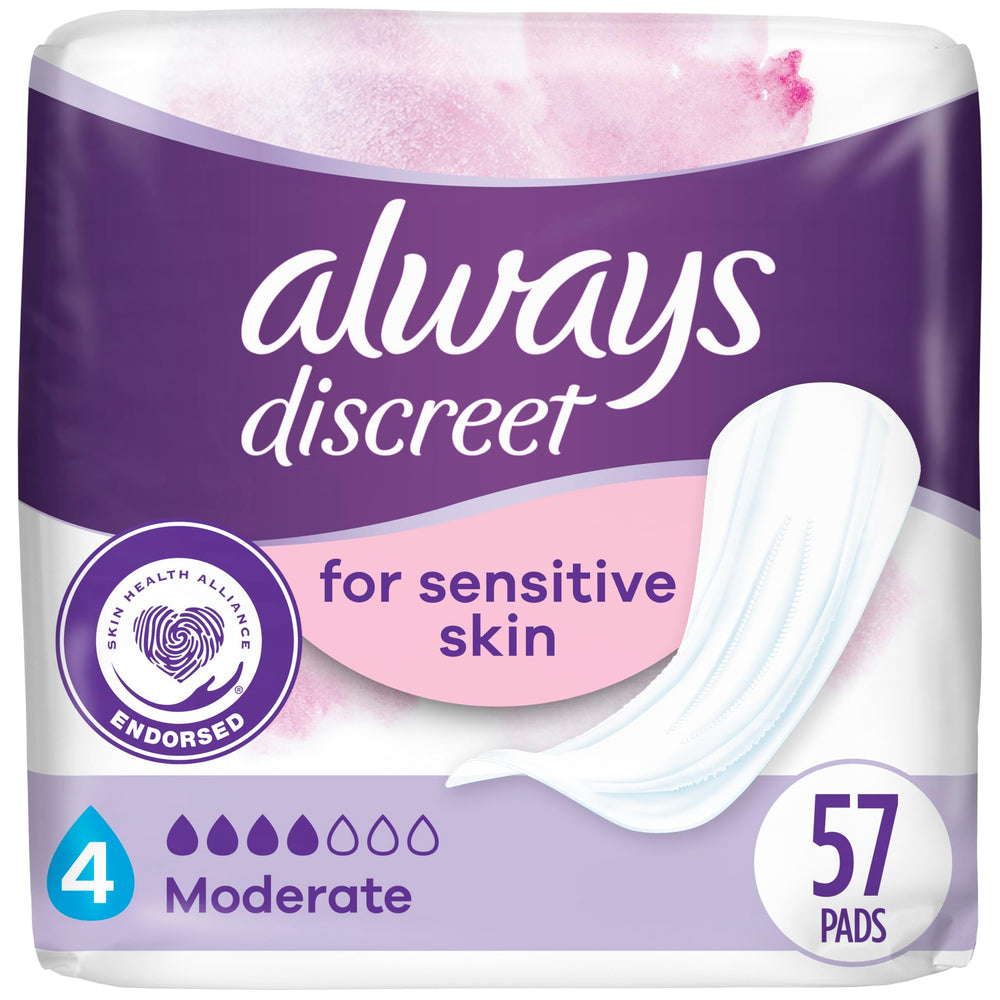 Always Discreet Sensitive Pads with soft-cover design offering gentle protection.