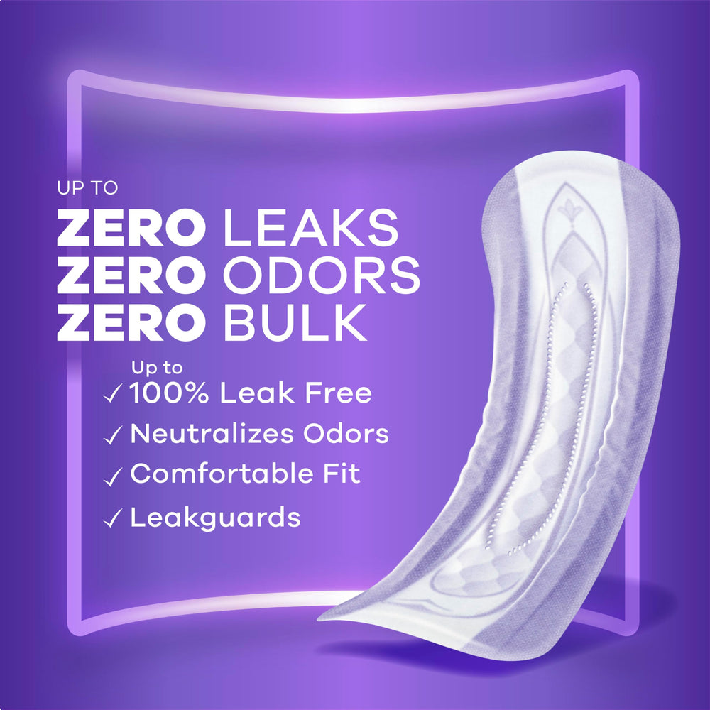 Always Discreet slim pad profile contours to the body for wearing invisibly under clothes.