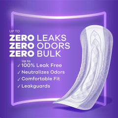 Always Discreet slim pad profile contours to the body for wearing invisibly under clothes.