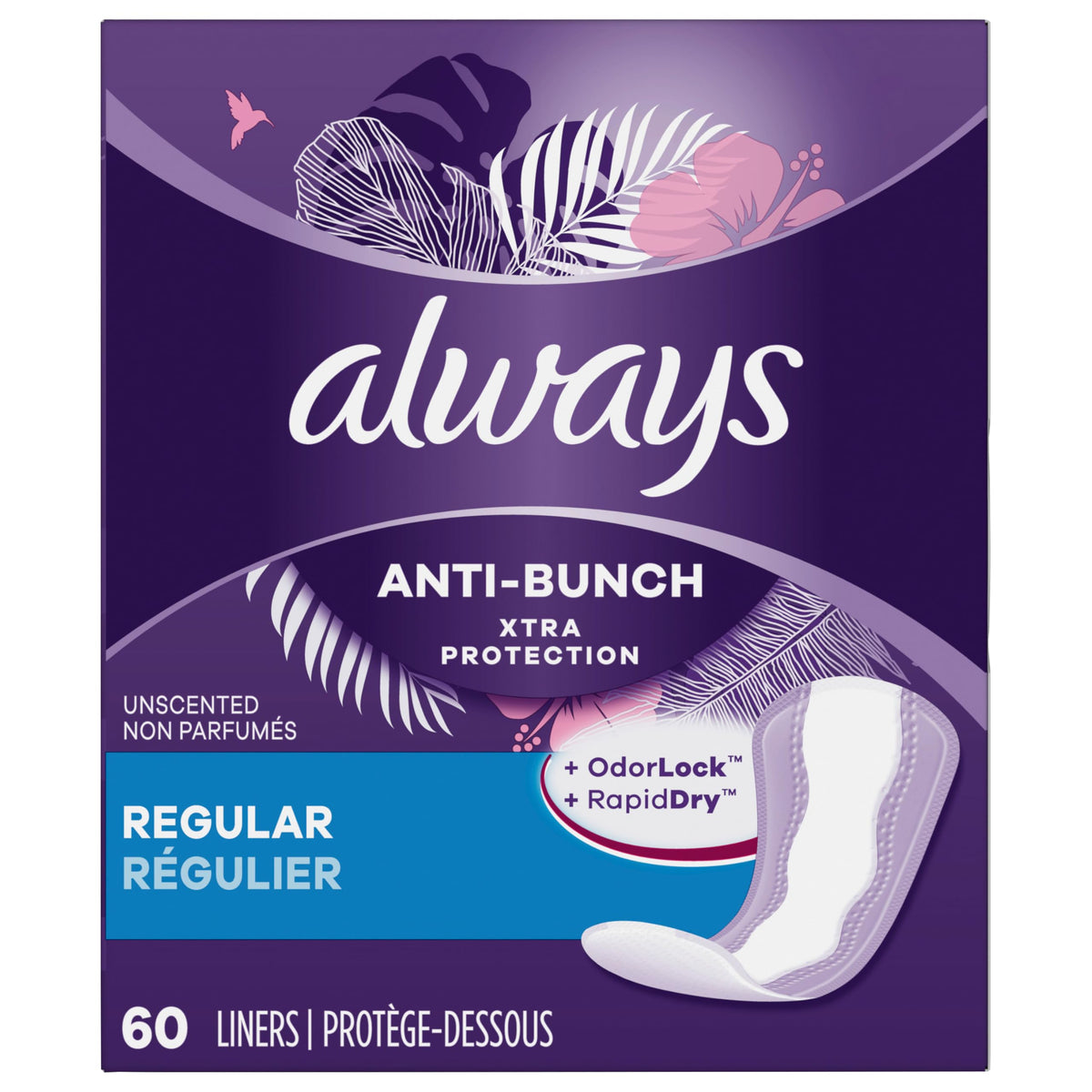 Always panty liner regular anti-bunch for discreet daily protection and comfortable wear.