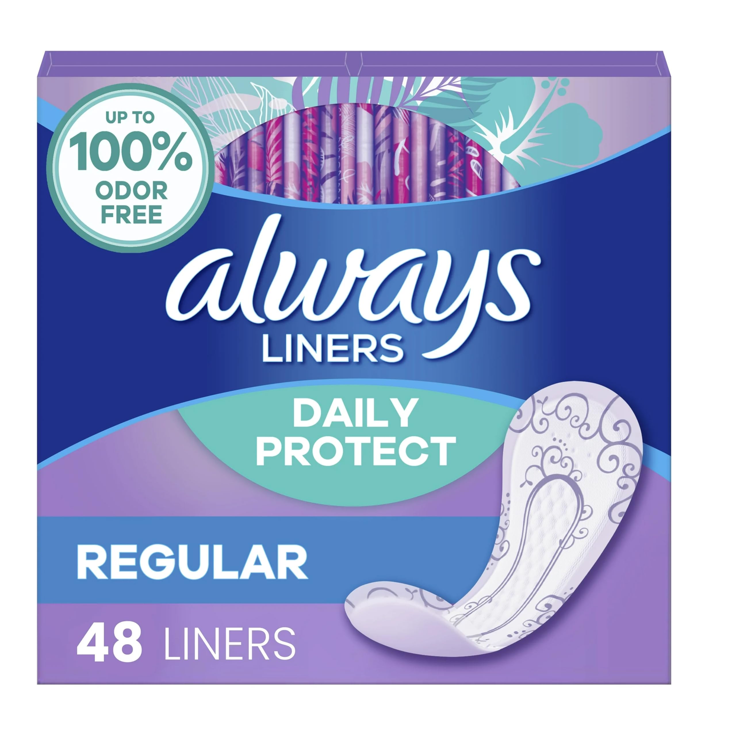 Always Radiant pantiliner regular unscented 96-liners in two 48-count packs for daily use.