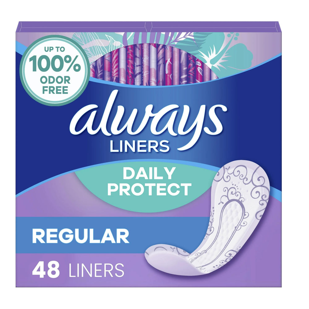 Always Radiant pantiliner regular unscented 96-liners in two 48-count packs for daily use.