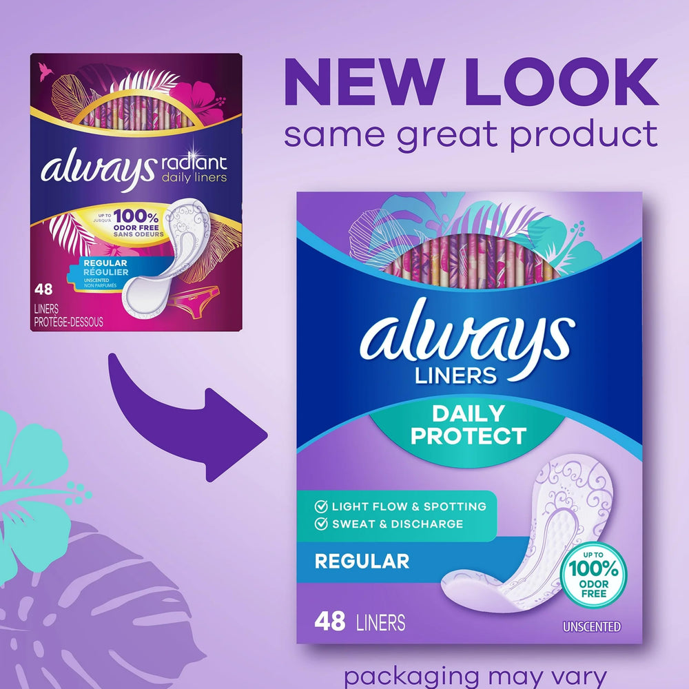 Always Radiant pantiliner regular unscented adhesive-strip detail for secure placement.