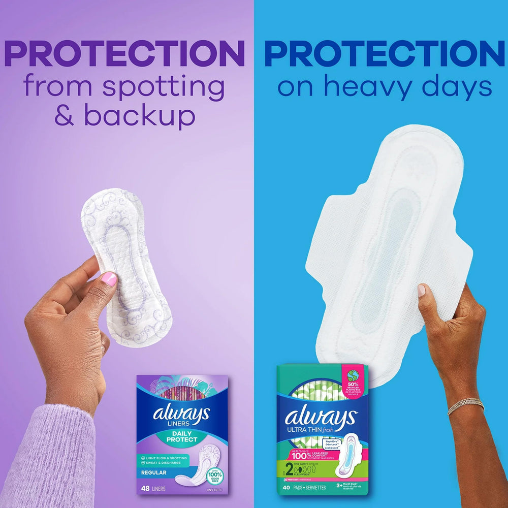 Always Radiant pantiliner regular unscented travel-size for travel-friendly protection.