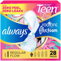 Always Radiant Teen Pads with Wings – FlexFoam, Size 1 Regular, Unscented, 28 Count