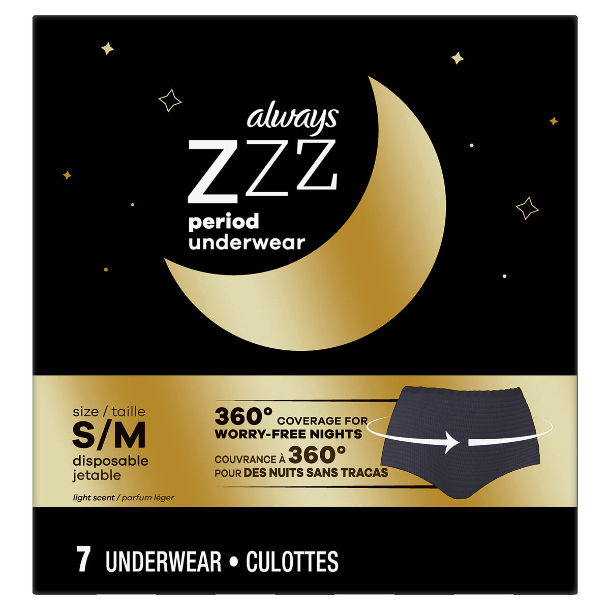 Always ZZZ Overnight Underwear con cobertura 360° para dormir sin preocupaciones.
