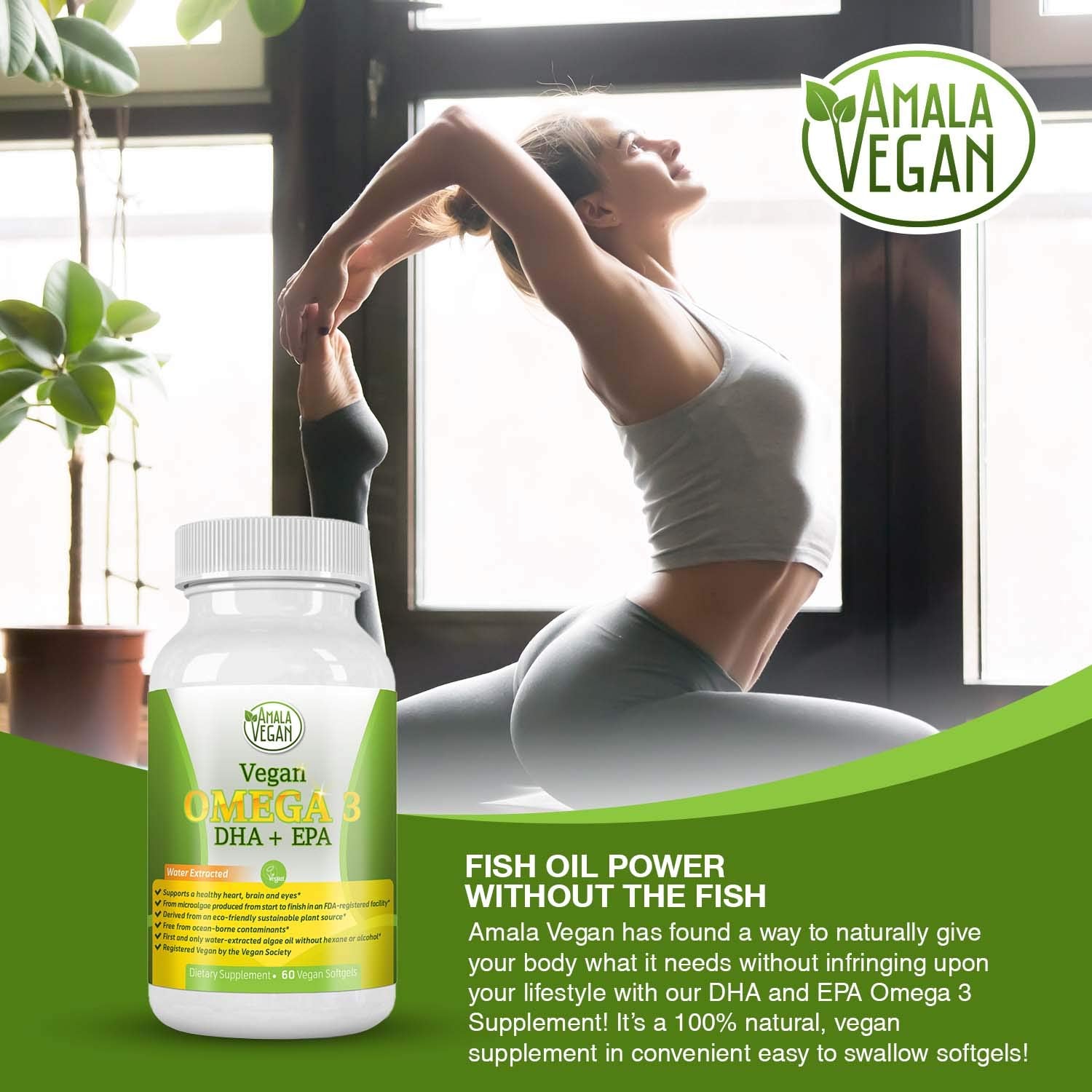 Amala Vegan Omega-3 bottle back label highlights non-GMO formulation and algae-derived DHA EPA.