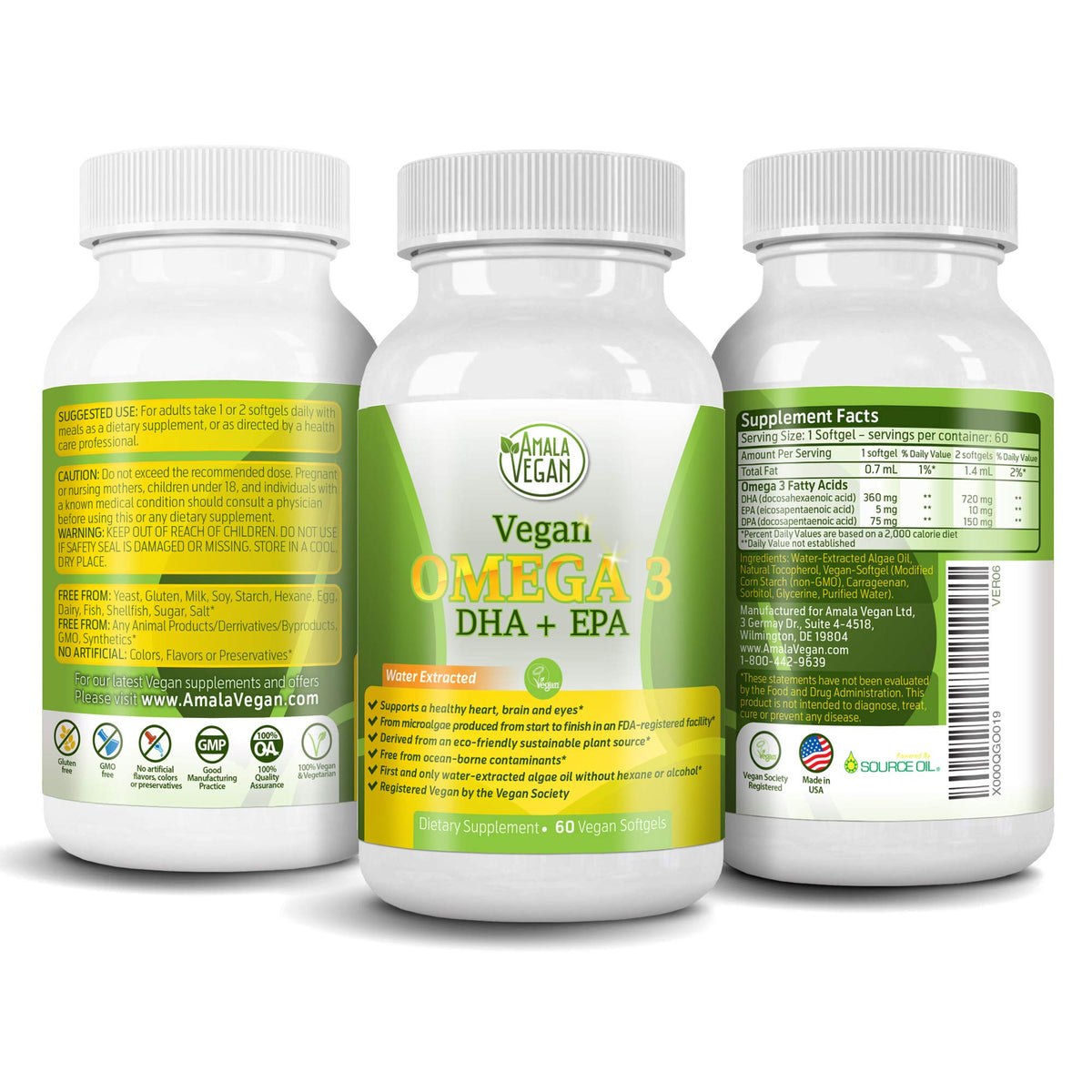 Amala Vegan Omega-3 bottle front, showcasing capsules for everyday heart and brain support.