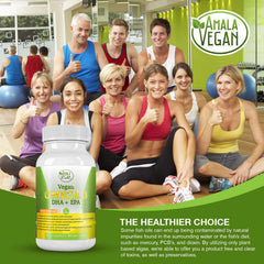 Amala Vegan Omega-3 icon set highlighting solvent-free, toxin-free algae oil.