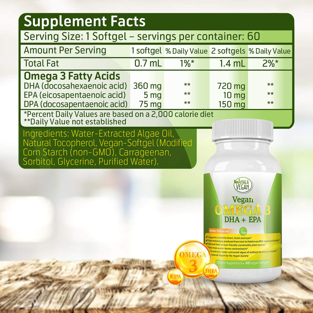 Amala Vegan Omega-3 Non-GMO designation on label emphasizing plant-based source.