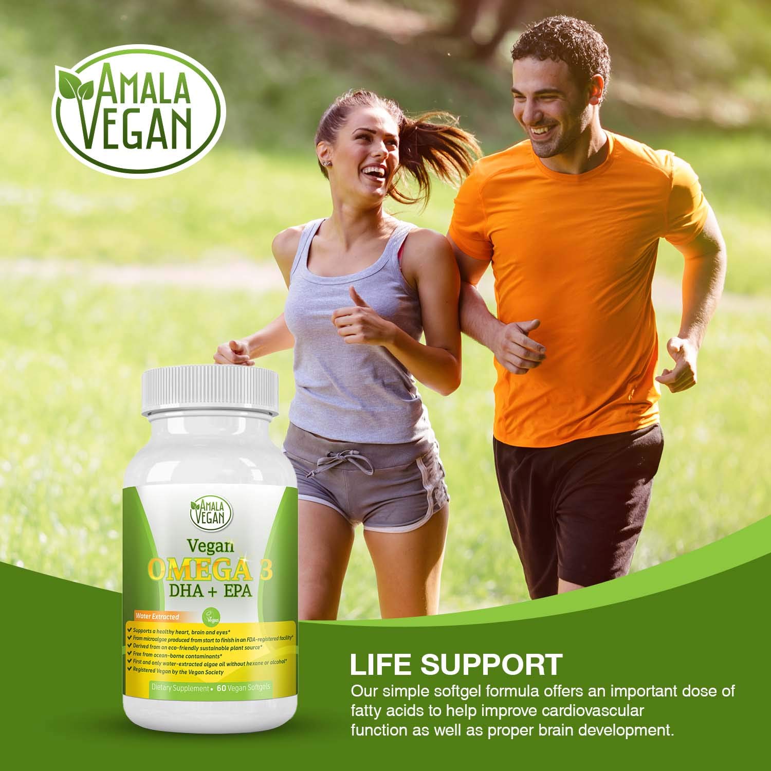 Amala Vegan Omega-3 softgels close-up illustrating easy-to-swallow vegan capsules.