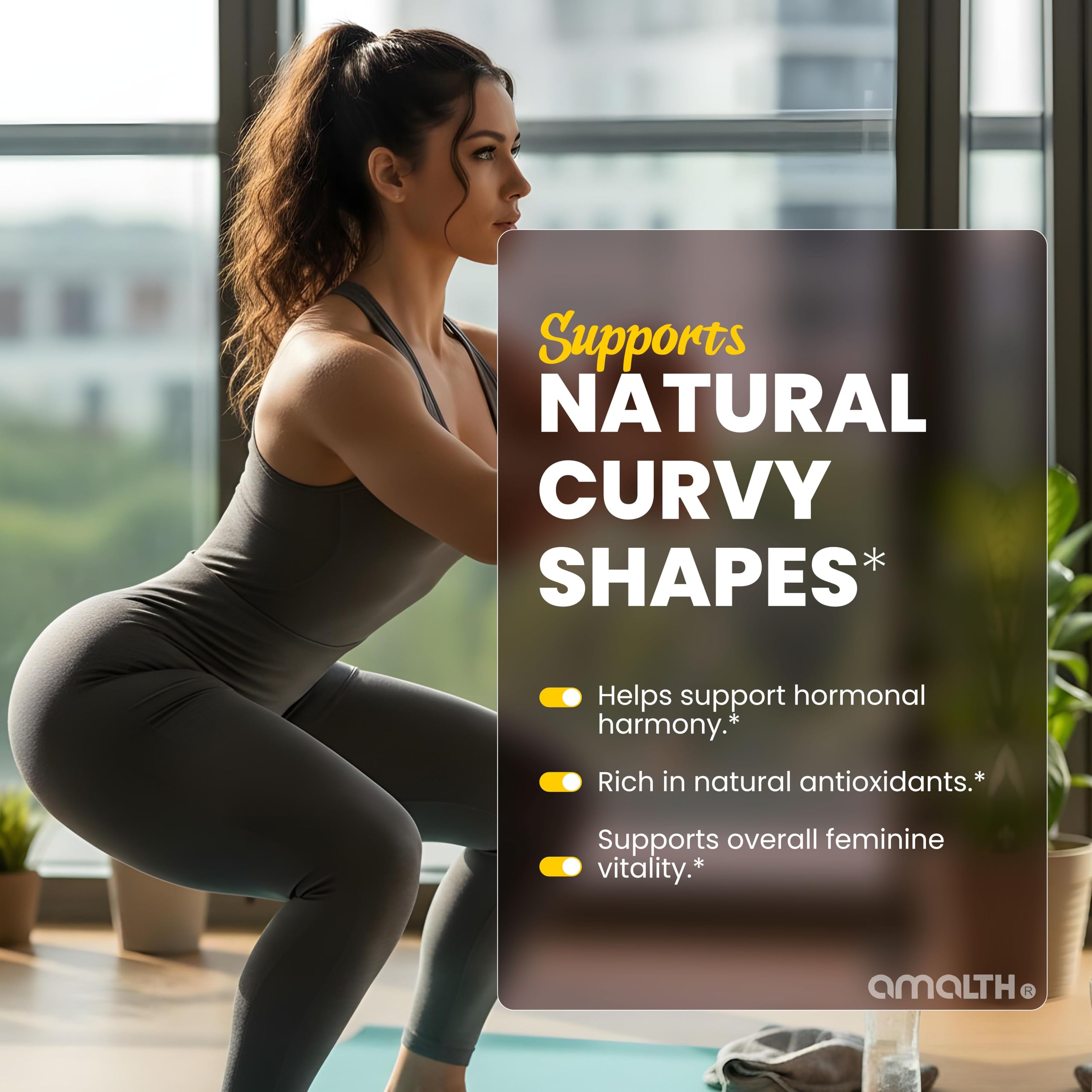 AMALTH Aguaje Curves capsules pouring shot demonstrates convenient twice-daily use.