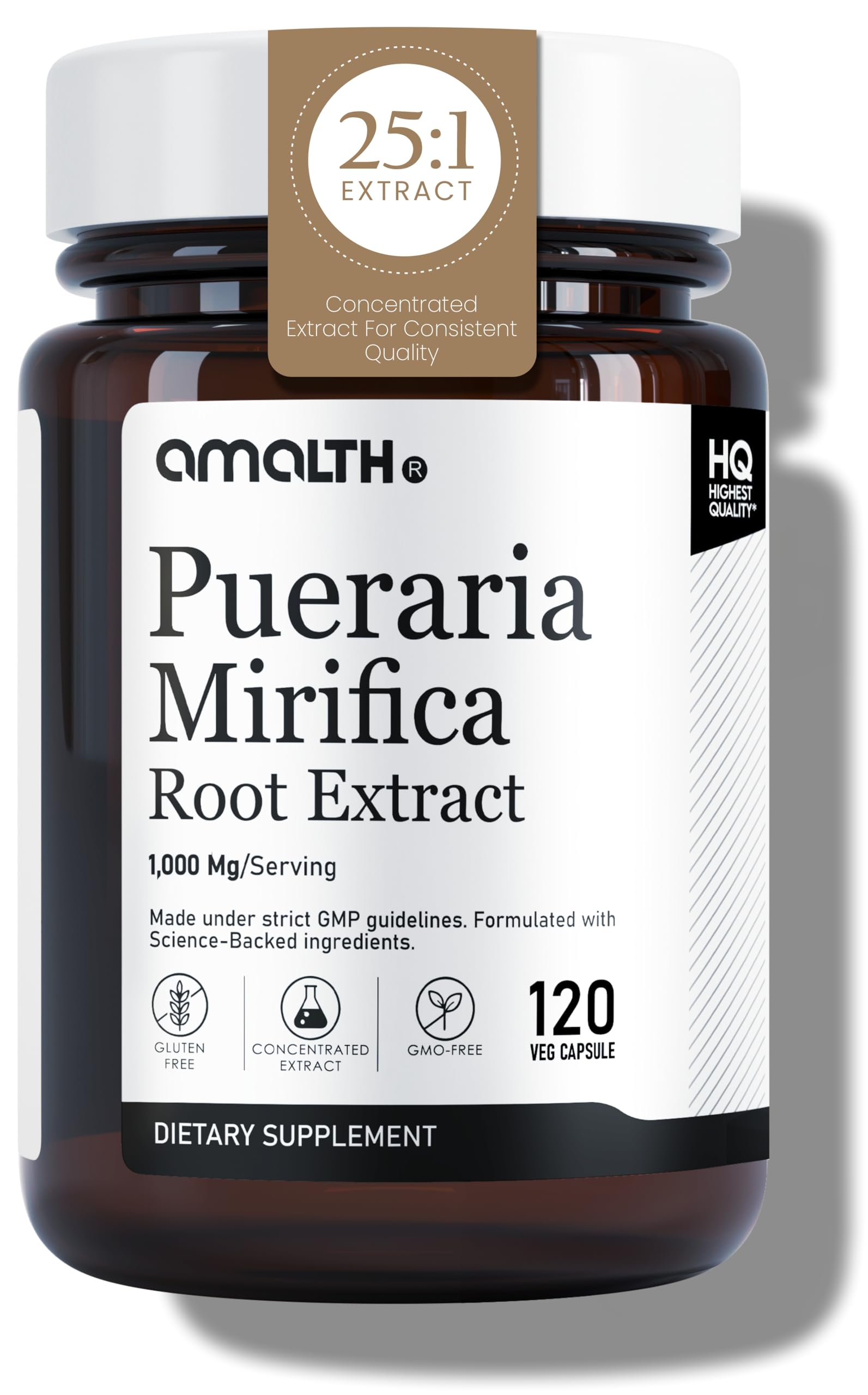 AMALTH Pueraria Mirifica capsules bottle closeup for daily wellness support.