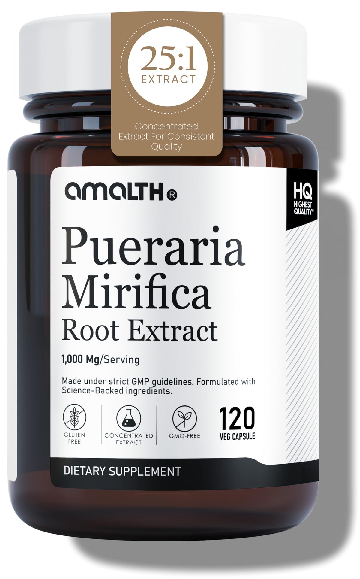 AMALTH Pueraria Mirifica capsules bottle closeup for daily wellness support.