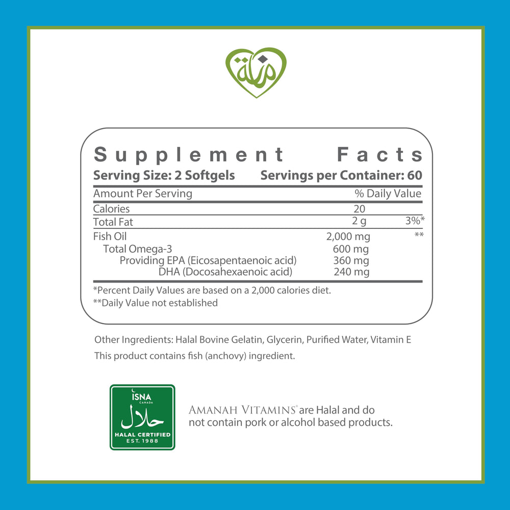 Amanah Omega-3 ingredients list highlighting gluten-free non-GMO formula
