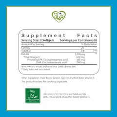 Amanah Omega-3 ingredients list highlighting gluten-free non-GMO formula