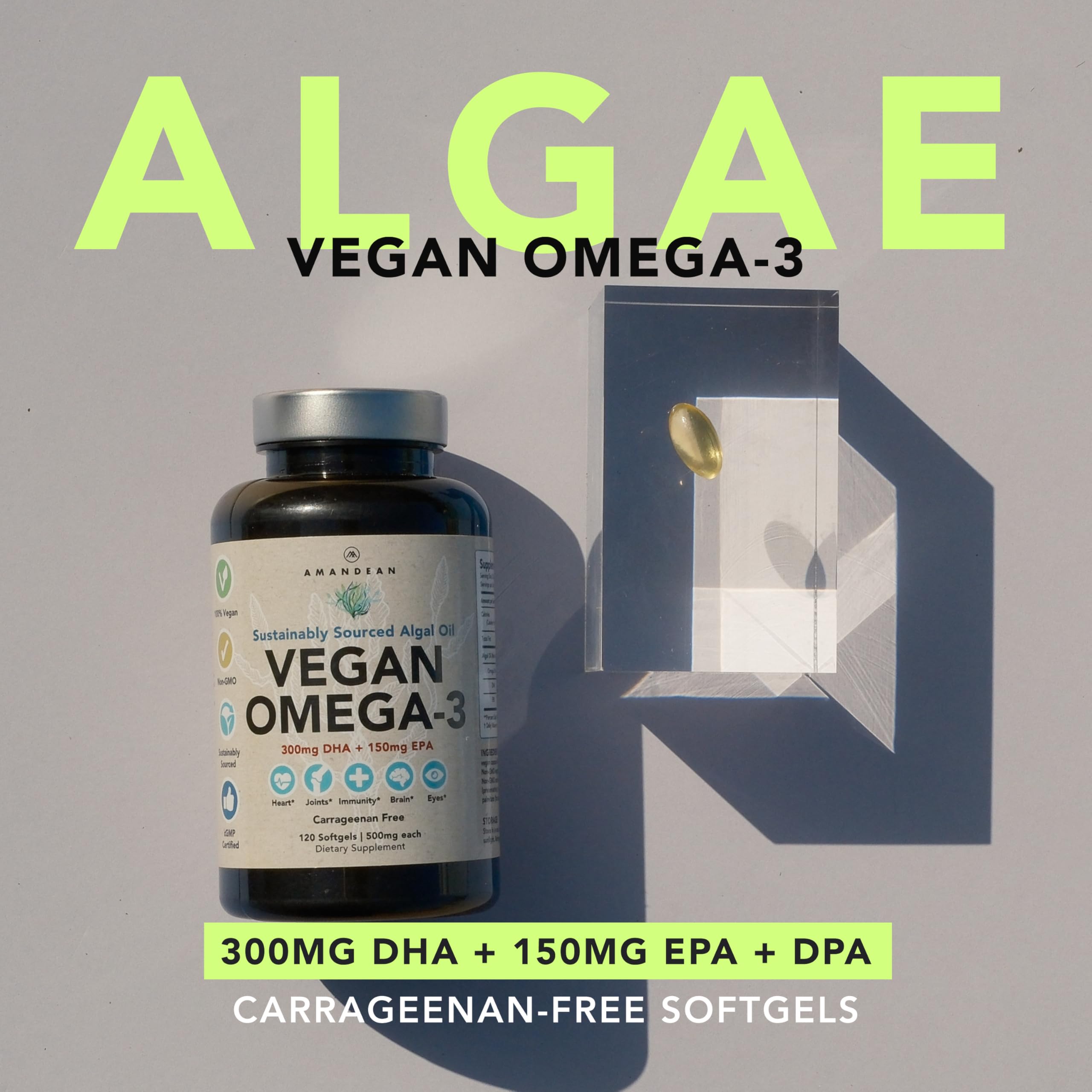 AMANDEAN algal DHA EPA capsules close-up emphasizing non-fish omega-3 benefits.