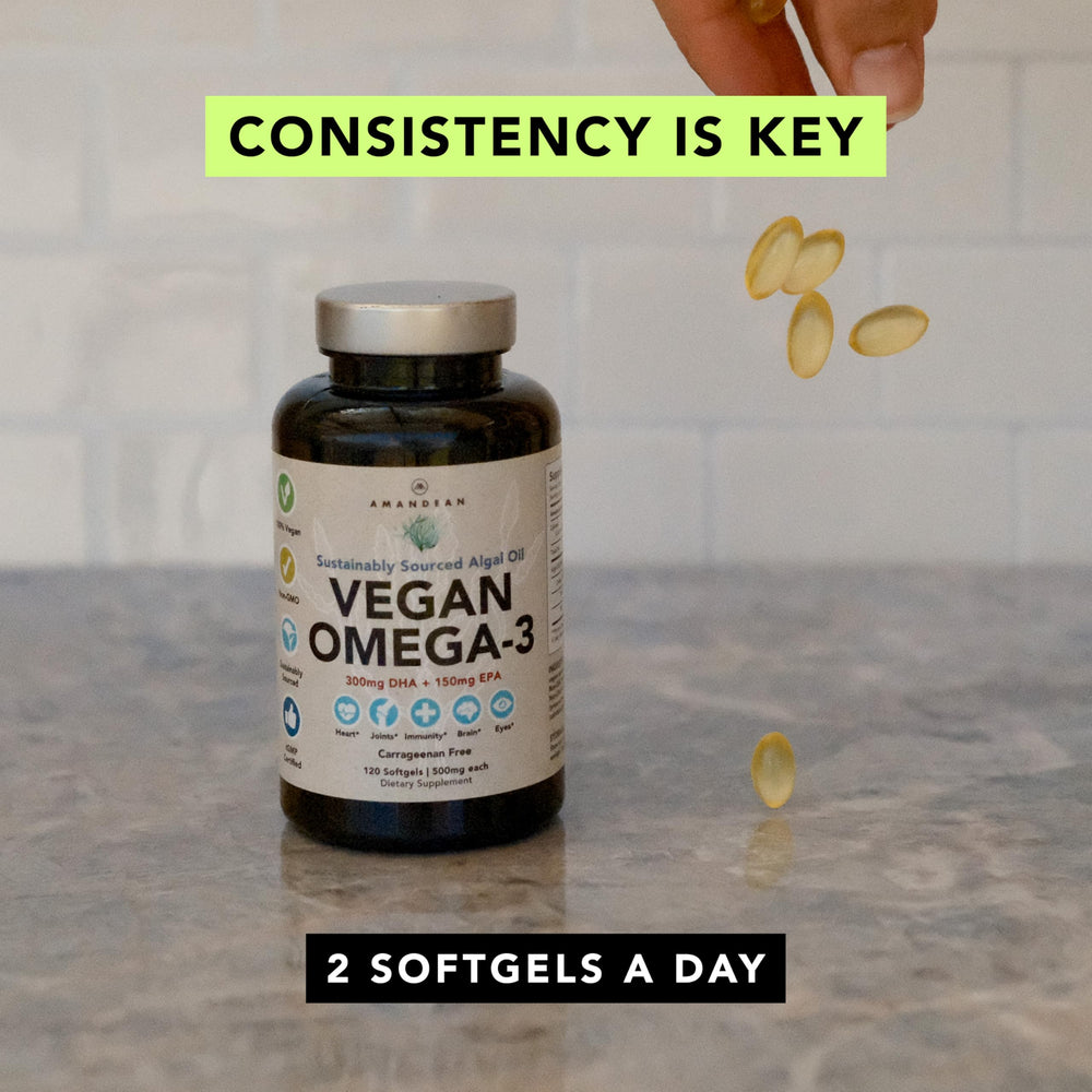 AMANDEAN high-bioavailability DHA/EPA capsule image focusing on cognitive and heart support.