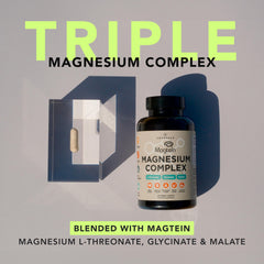 Capsules close-up highlighting easy-to-swallow triple magnesium complex.
