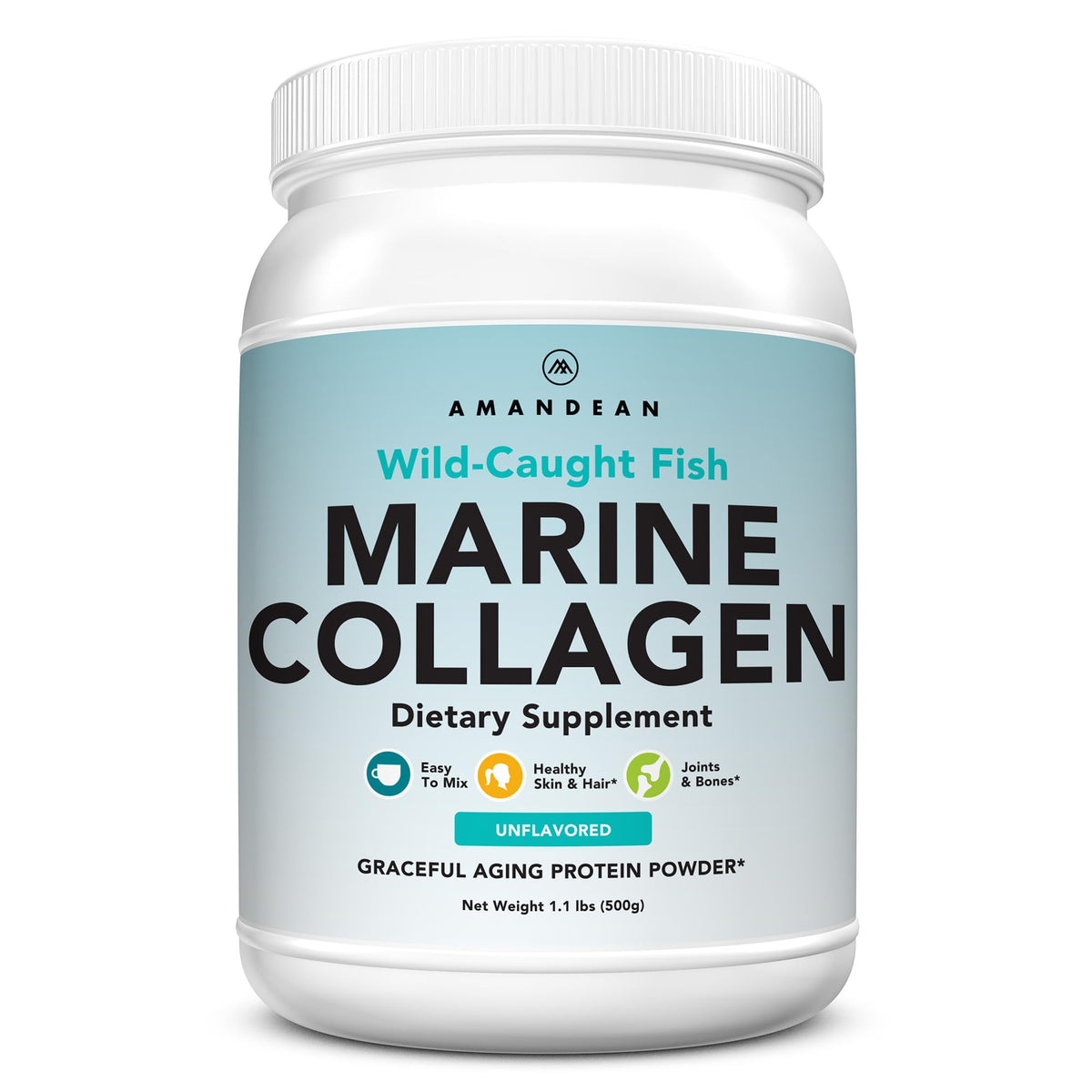 AMANDEAN Marine Collagen powder tub close-up for everyday beauty support.
