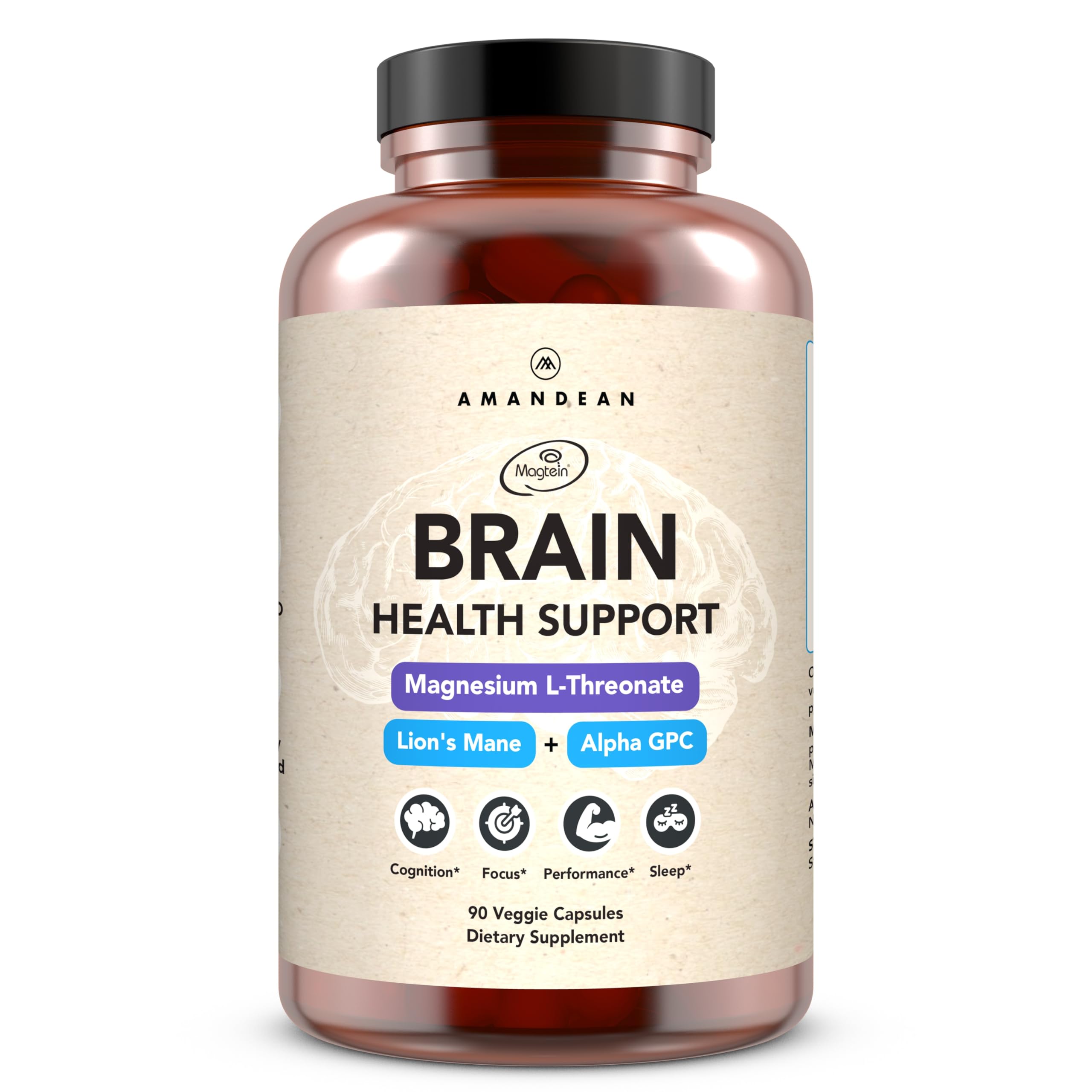 AMANDEAN nootropic bottle features Magtein and Alpha GPC for focused work sessions