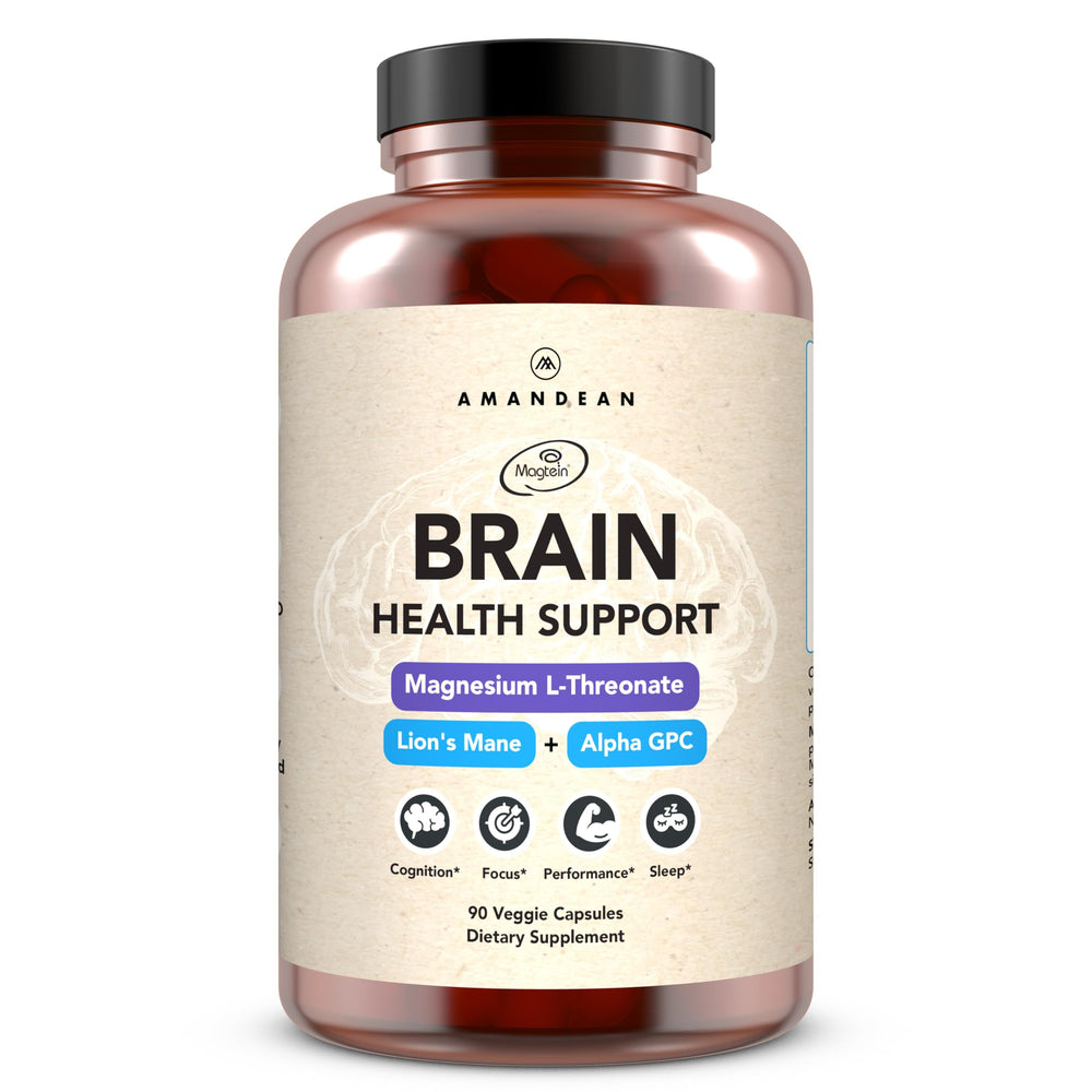 AMANDEAN nootropic bottle features Magtein and Alpha GPC for focused work sessions