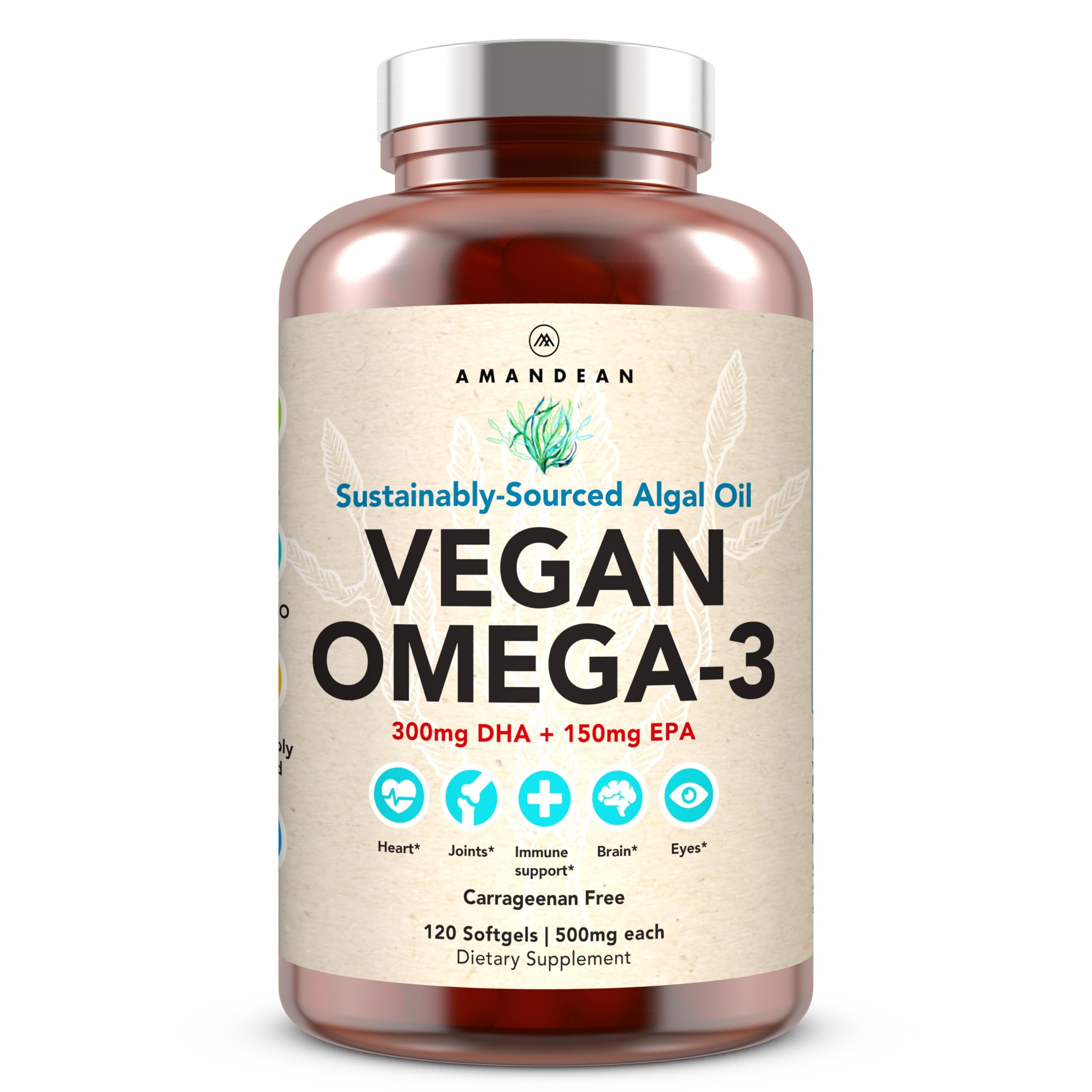 AMANDEAN vegan omega-3 softgels bottle highlighting sustainable omega-3 source.