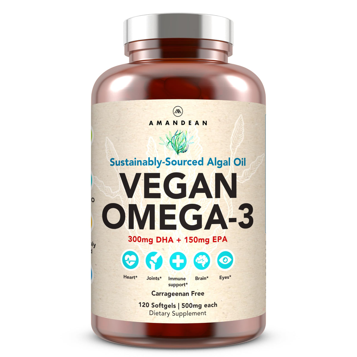 AMANDEAN vegan omega-3 softgels bottle highlighting sustainable omega-3 source.