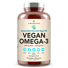 AMANDEAN vegan omega-3 softgels bottle highlighting sustainable omega-3 source.