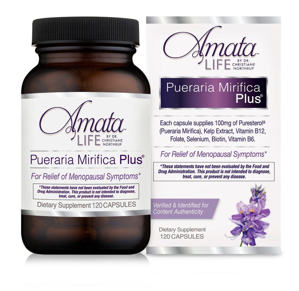 Amata Life Pueraria Mirifica Plus bottle showing 60-day supply for menopause wellness.