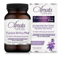 Amata Life Pueraria Mirifica Plus bottle showing 60-day supply for menopause wellness.